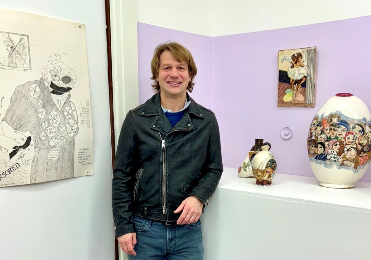 gallery installation of drawings and sculptures